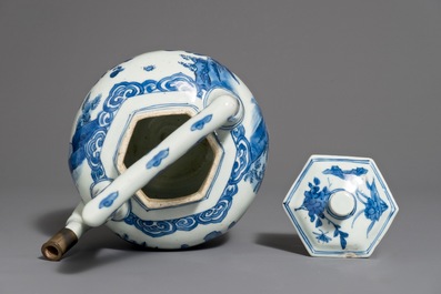 A Chinese blue and white wine jug and cover with silver-mounted spout, Transitional period