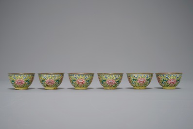 Six Chinese Canton enamel yellow-ground tea bowls, 18/19th C.