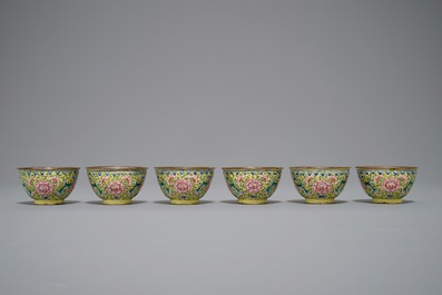 Six Chinese Canton enamel yellow-ground tea bowls, 18/19th C.