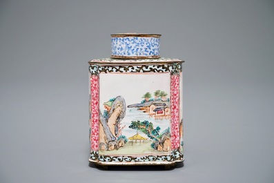 A Chinese Canton enamel tea caddy and cover, Qing