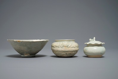 Three Chinese qingbai and grey-glazed bowls and jarlets, Song and Ming