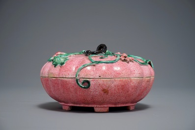 A Chinese famille rose pumpkin-shaped box and cover, early 19th C.