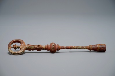 A Chinese gilt and silvered bronze winding key for a qin, Han or later