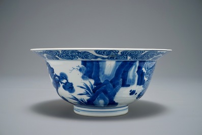 A Chinese blue and white klapmuts bowl with a tiger fighting a dragon, Chenghua mark, Kangxi