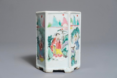 A Chinese hexagonal famille rose brush pot, Yongzheng