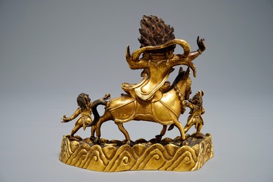 A Sino-Tibetan gilt bronze group of Palden Lhamo, 19/20th C.