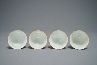 Four Chinese famille rose Wu Shuang Pu cups and saucers, Xianfeng mark and of the period