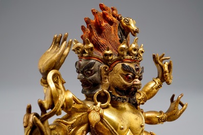 A Sino-Tibetan or Nepalese gilt bronze figure of Yamantaka, 19/20th C.