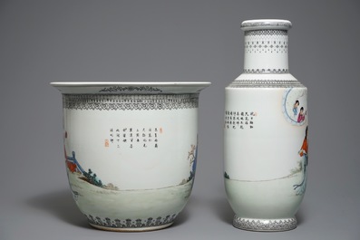 A Chinese famille rose jardini&egrave;re on stand and a rouleau vase, Republic, 20th C.