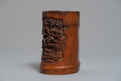 A Chinese carved and inscribed bamboo brushpot, 19th C.