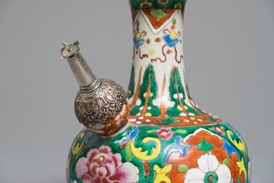 A Chinese silver-mounted famille rose Peranakan or Straits market kendi, 19th C.