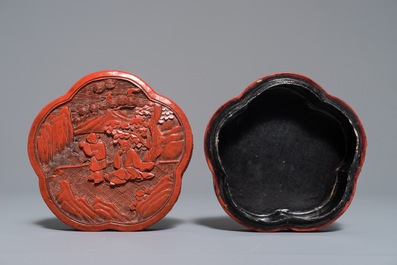 A Chinese flower-shaped cinnabar lacquer box with figures in a landscape, 18/19th C.