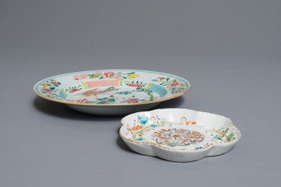 A Chinese famille rose plate and a teapot stand with applied design, Yongzheng/Qianlong