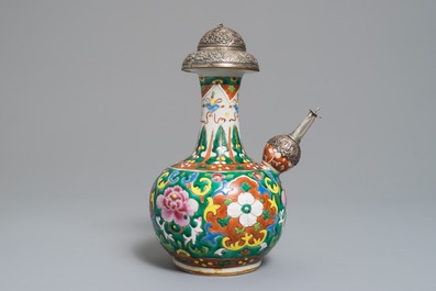 A Chinese silver-mounted famille rose Peranakan or Straits market kendi, 19th C.