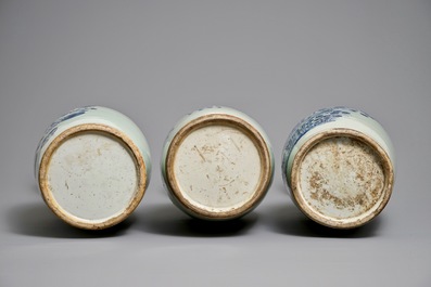 Three Chinese blue and white on celadon ground vases, 19/20th C.