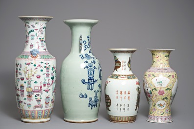 Quatre vases en porcelaine de Chine famille rose et bleu et blanc, 19/20&egrave;me