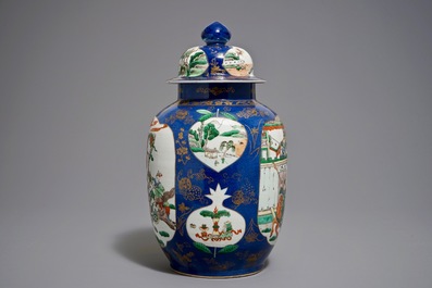 A Chinese famille verte on powder blue ground vase and cover, 19th C.