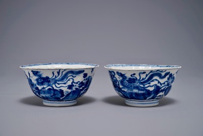 A pair of Chinese blue and white lobed phoenix bowls, Kangxi