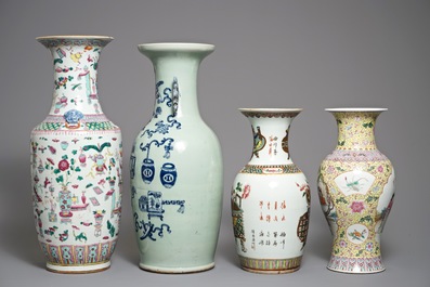 Four Chinese famille rose and blue and white vases, 19/20th C.