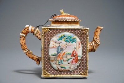 A rare Chinese famille rose rectangular 'Mandarin' teapot and cover, Qianlong