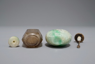 Two Chinese smoked quartz and jadeite snuff bottles, 19/20th C.