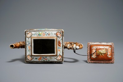 A rare Chinese famille rose rectangular 'Mandarin' teapot and cover, Qianlong