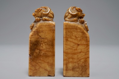 Two Chinese Shoushan stone seals with Buddhist lions, 19/20th C.