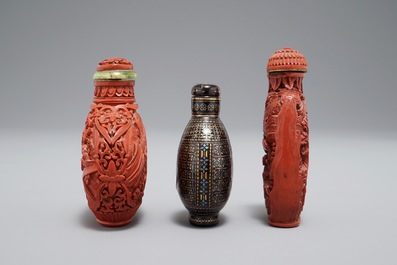 Two Chinese cinnabar lacquer snuff bottles and a Japanese lac burgaute example, 19th C.