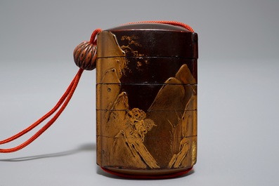 Three Japanese maki-e lacquer and bamboo inro with ojime and netsuke, Meiji, 19/20th C.