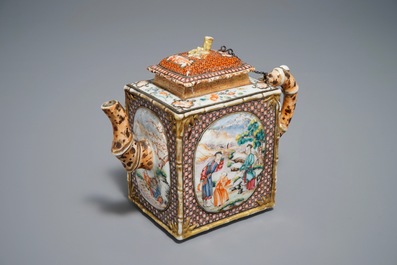 A rare Chinese famille rose rectangular 'Mandarin' teapot and cover, Qianlong