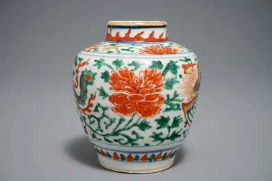 A Chinese wucai 'double phoenix' vase, Transitional period