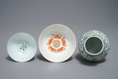 Two Chinese doucai bowls and a vase, Yongzheng and Guangxu marks, 19/20th C.