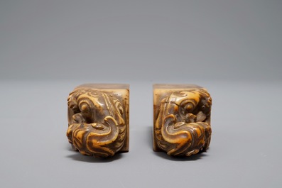 Two Chinese Shoushan stone seals with Buddhist lions, 19/20th C.