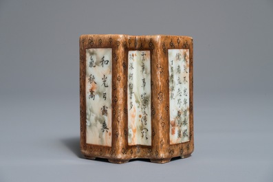 A Chinese double lozenge-shaped faux bois brush pot, Qianlong mark, 19/20th C.