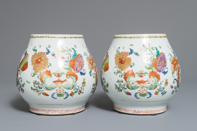 A pair of Chinese famille rose 'Pompadour' pot-pourri jars, Qianlong, ca. 1745