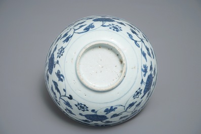 A Chinese blue and white lotus scroll bowl, Jiajing