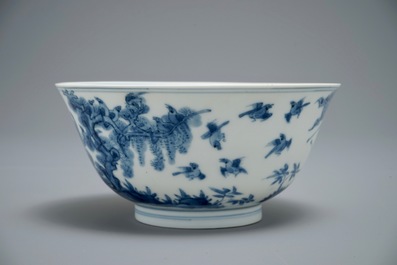 A Chinese blue and white bowl with birds among foliage, Kangxi mark and of the period