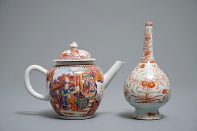 A Chinese iron red and gilt rosewater sprinkler and a mandarin design teapot, Kangxi and Qianlong