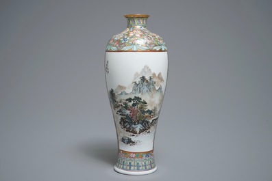 A Chinese famille rose eggshell vase with landscapes, 20th C.