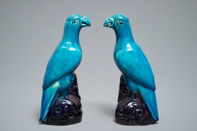 Two Chinese aubergine and turquoise-glazed models of parrots, 19th C.