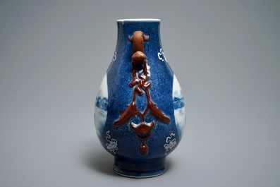 A Chinese blue and white powder blue-ground hu vase with landscape medallions, 19/20th C.