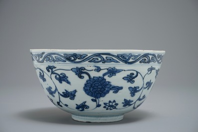 A Chinese blue and white lotus scroll bowl, Jiajing