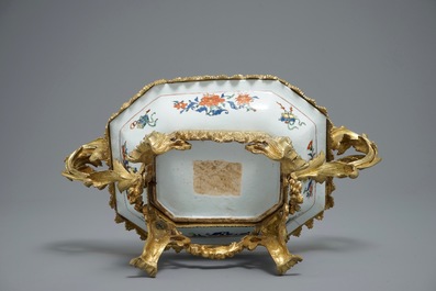 A deep Chinese octagonal dish in a French gilt bronze mount, Yongzheng and 19th C.