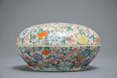A Chinese famille rose millefleurs box and cover, Qianlong mark, 19/20th C.