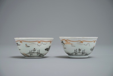 A pair of Chinese famille rose bianco sopra bianco cups and saucers, Qianlong