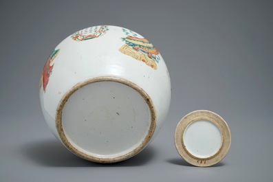 A Chinese famille rose Wu Shuang Pu jar and cover, 19th C.