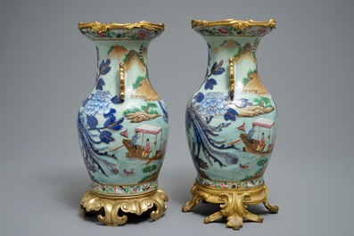 A pair of Chinese gilt-bronze mounted famille rose celadon vases, 19th C.