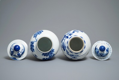 Two Chinese blue and white vases and covers with figures, 19th C.