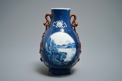 A Chinese blue and white powder blue-ground hu vase with landscape medallions, 19/20th C.