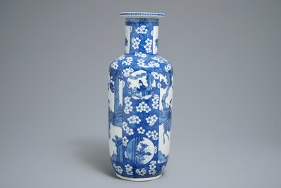 A Chinese blue and white rouleau vase with prunus on cracked ice, 19th C.